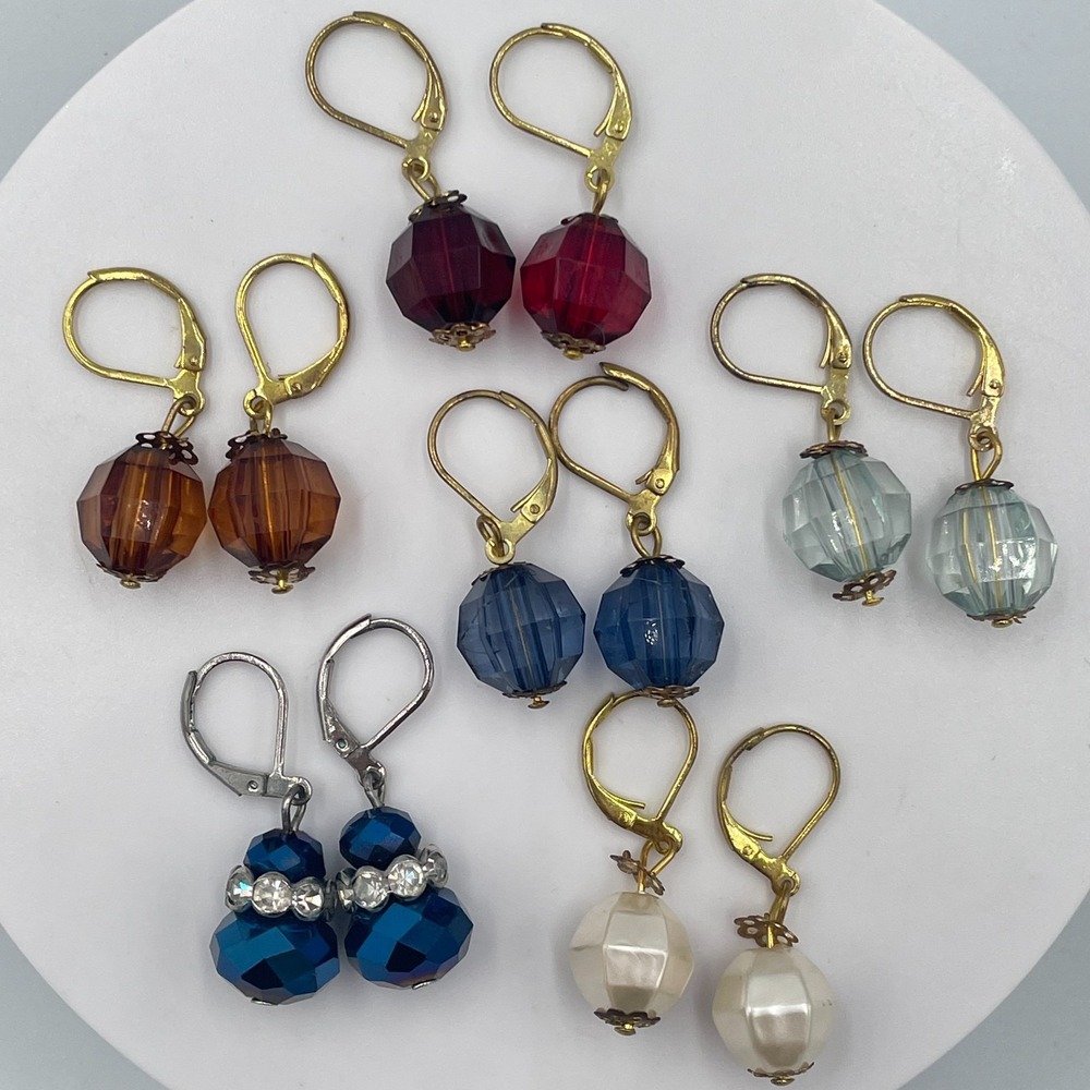 Vintage Y2K Beaded Leverback Earrings Lot 6 Pairs Colorful Crystal Pearl Set